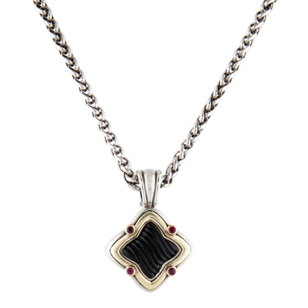 David Yurman Quatrefoil Onyx and Ruby necklace gold and sterling